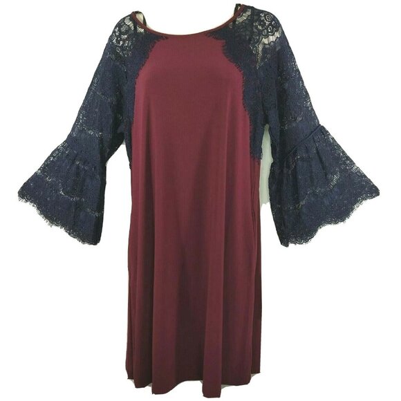 Nina Leonard Dresses & Skirts - Nina Leonard Shift Dress Women Size M Wine Red Blue Lace Bell Sleeves Pocket NEW